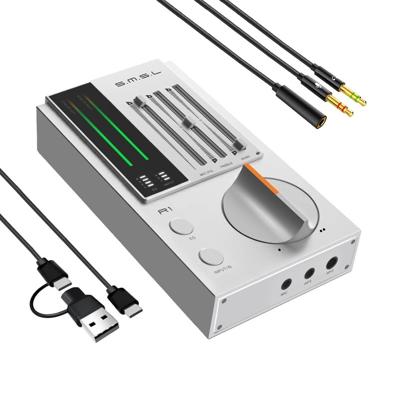 AOSHIDA SMSL R1 DAC Headphone Amplifier, Desktop DAC Amp, USB C Digital to Analog Audio Converter for Gaming PC PS5, Microphone/USB/Optical/Coaxial Input 3.5mm/4.4mm Balanced/RCA Output, Silver - Image 1